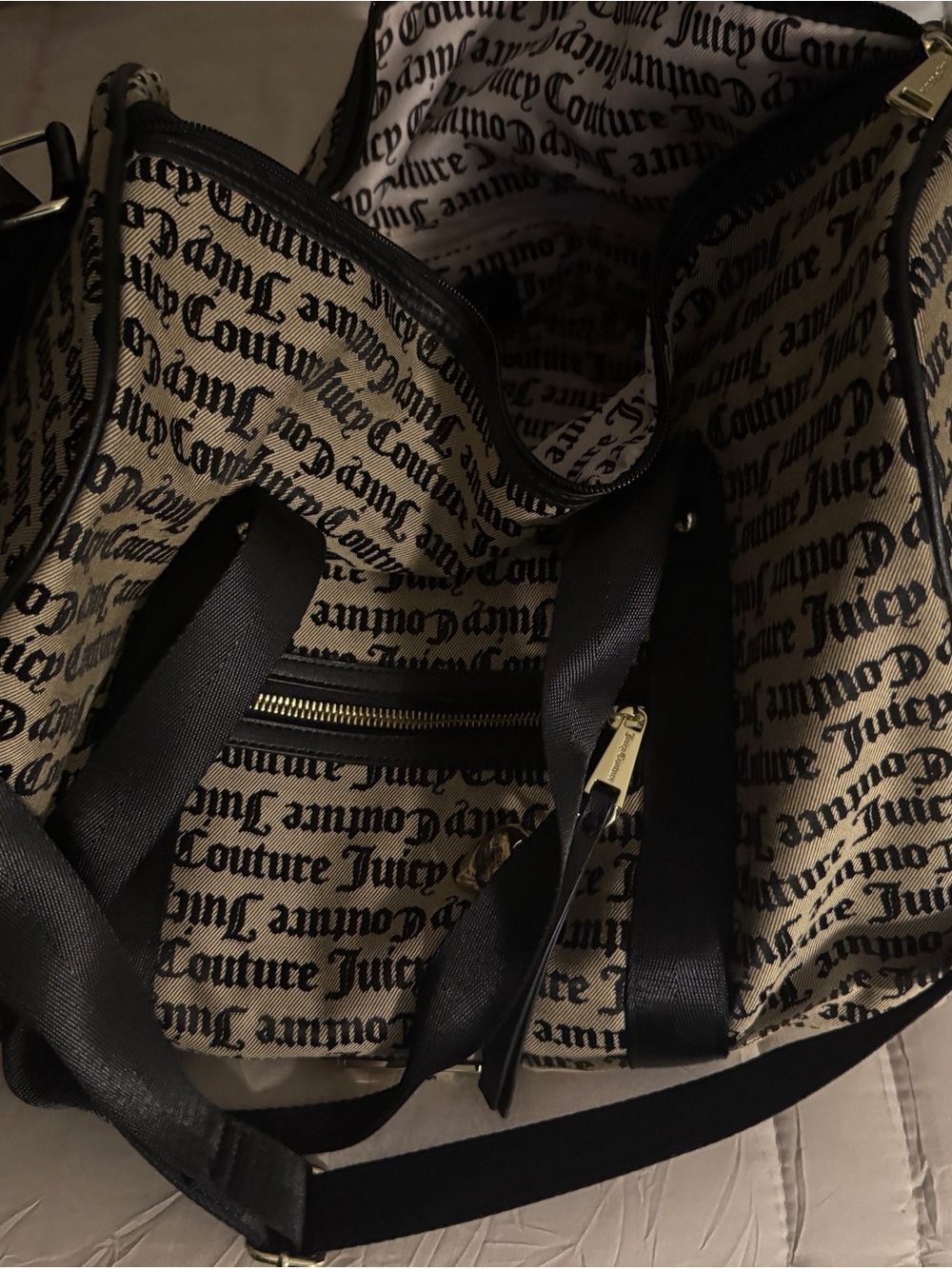 Juicy Couture Beige Logo Script Tote with Black Trim